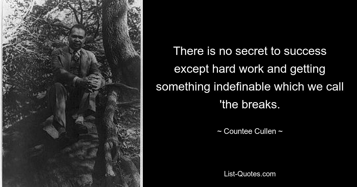 There is no secret to success except hard work and getting something indefinable which we call 'the breaks. — © Countee Cullen