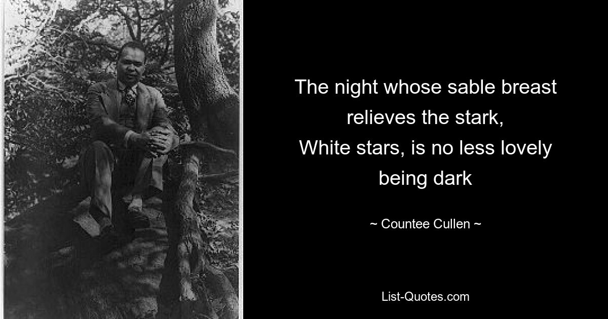 The night whose sable breast relieves the stark,
White stars, is no less lovely being dark — © Countee Cullen