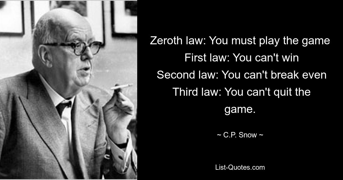 Zeroth law: You must play the game
 First law: You can't win
 Second law: You can't break even
 Third law: You can't quit the game. — © C.P. Snow