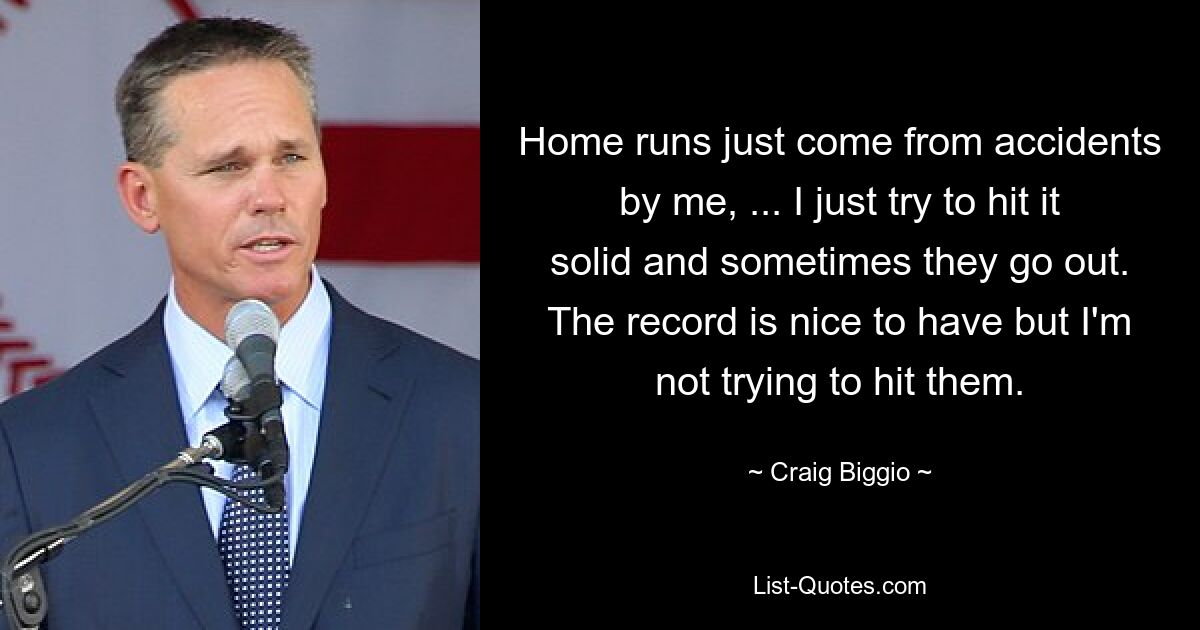 Home runs just come from accidents by me, ... I just try to hit it solid and sometimes they go out. The record is nice to have but I'm not trying to hit them. — © Craig Biggio