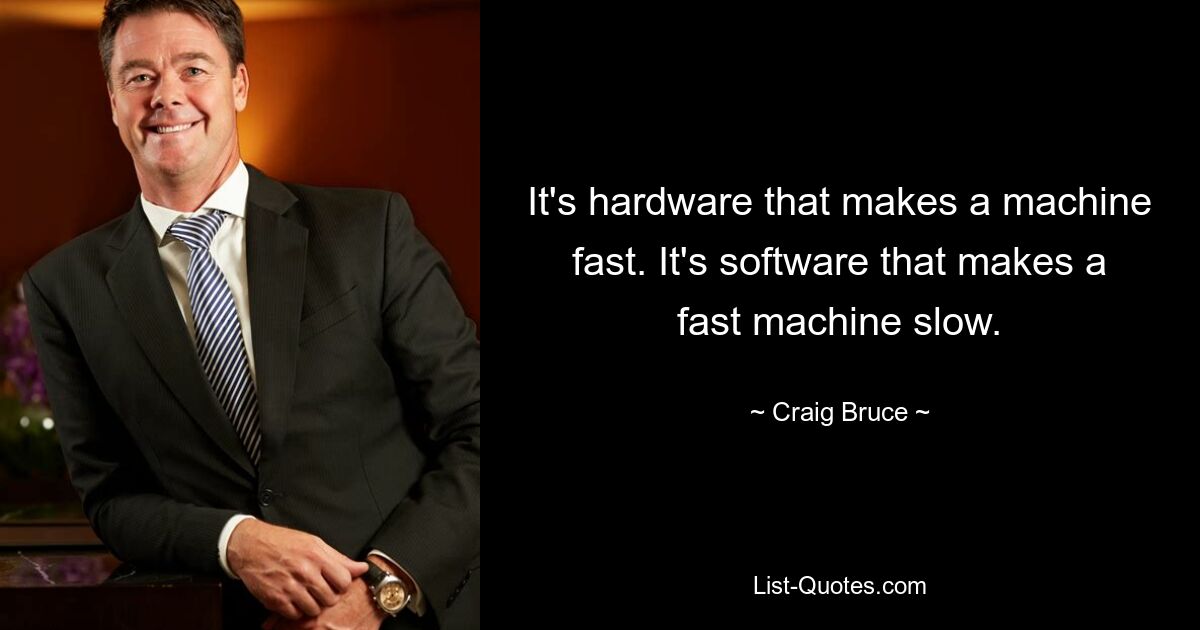 It's hardware that makes a machine fast. It's software that makes a fast machine slow. — © Craig Bruce