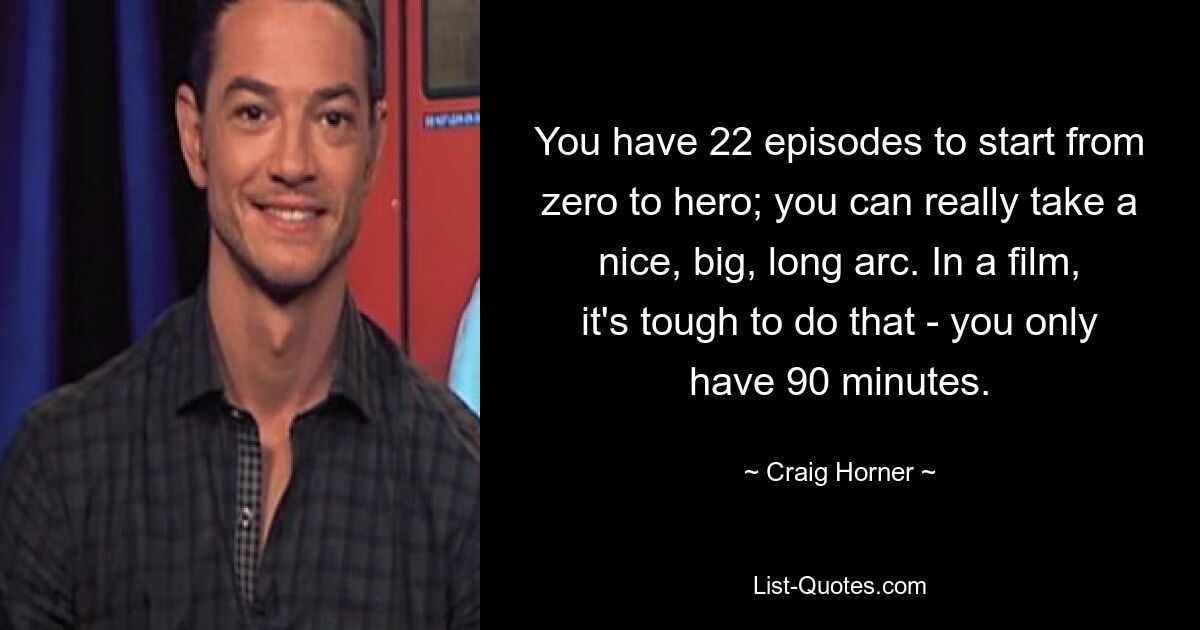 You have 22 episodes to start from zero to hero; you can really take a nice, big, long arc. In a film, it's tough to do that - you only have 90 minutes. — © Craig Horner