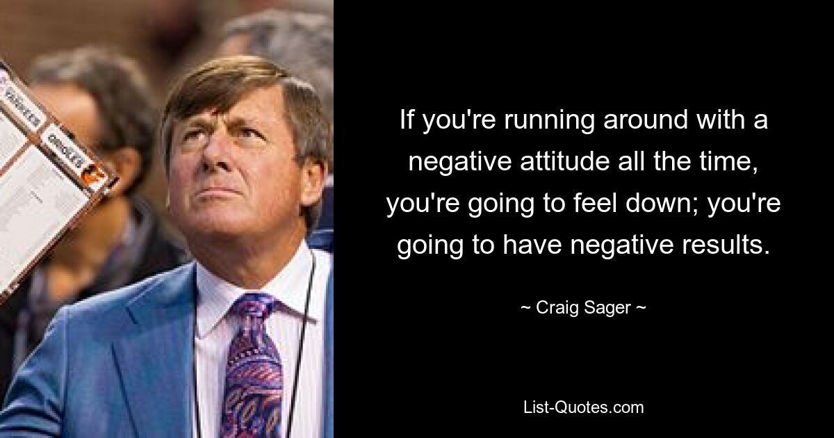 If you're running around with a negative attitude all the time, you're going to feel down; you're going to have negative results. — © Craig Sager