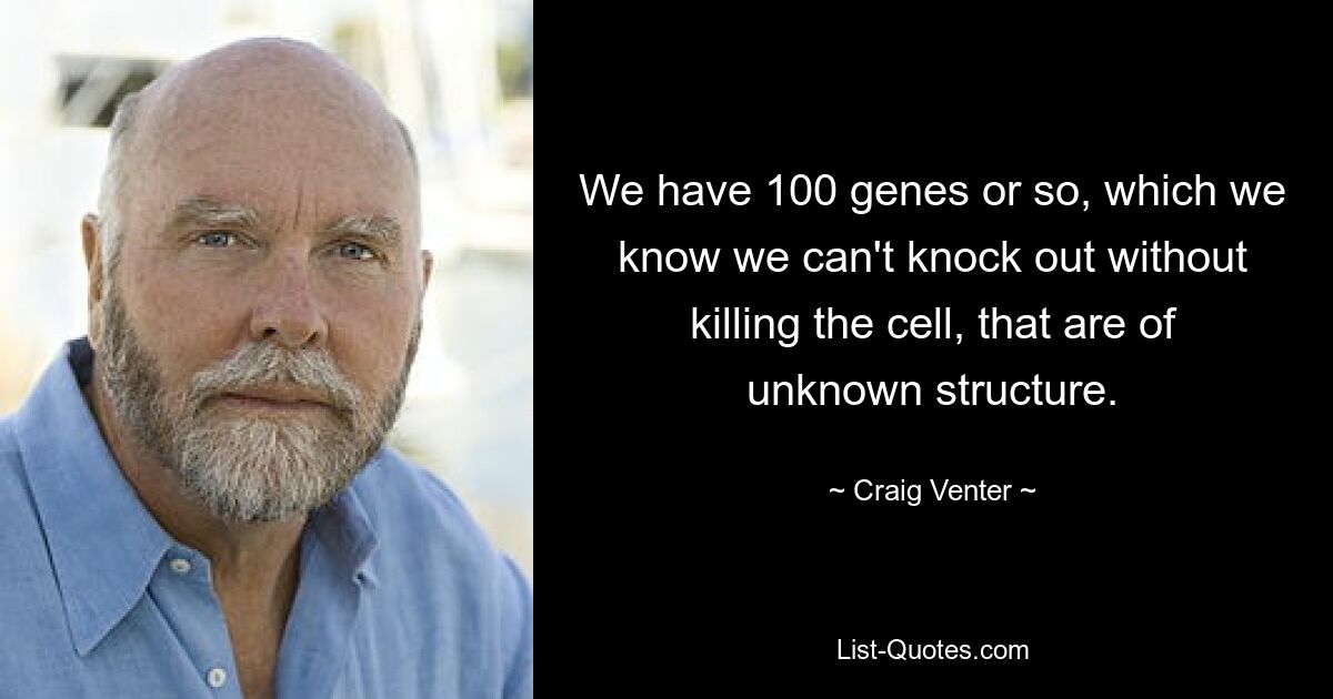 We have 100 genes or so, which we know we can't knock out without killing the cell, that are of unknown structure. — © Craig Venter