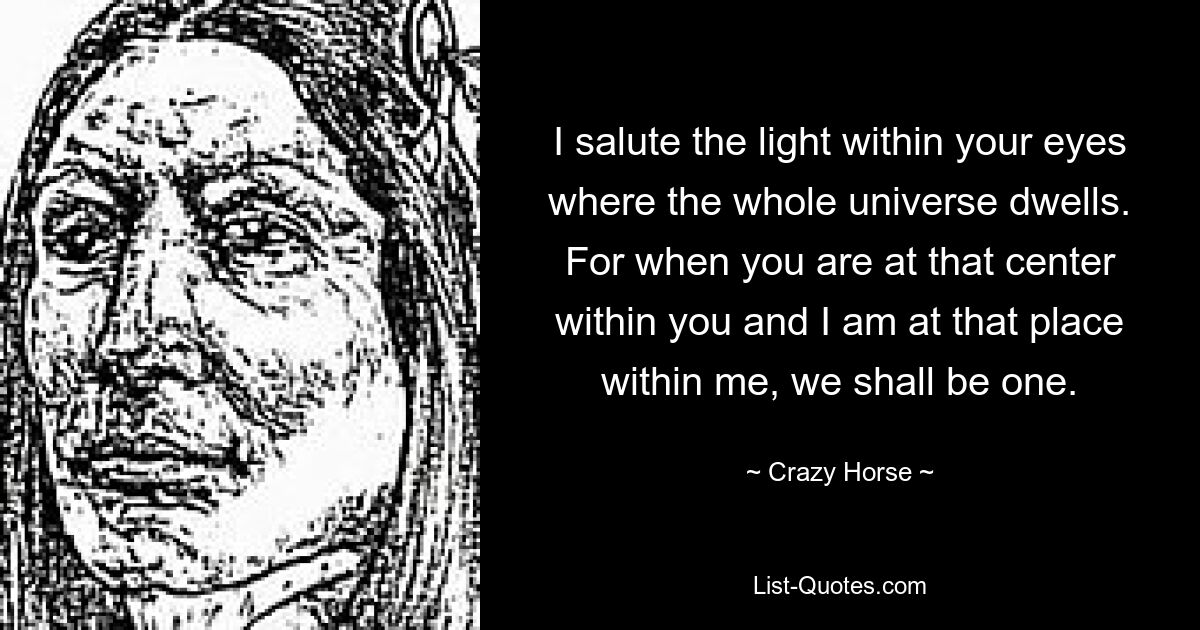 I salute the light within your eyes where the whole universe dwells. For when you are at that center within you and I am at that place within me, we shall be one. — © Crazy Horse