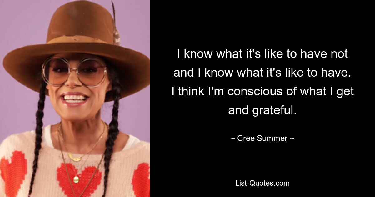 I know what it's like to have not and I know what it's like to have. I think I'm conscious of what I get and grateful. — © Cree Summer