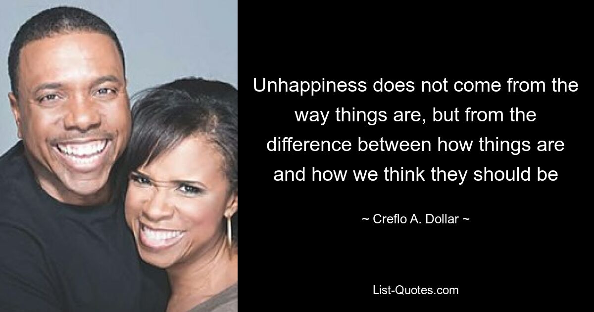 Unhappiness does not come from the way things are, but from the difference between how things are and how we think they should be — © Creflo A. Dollar