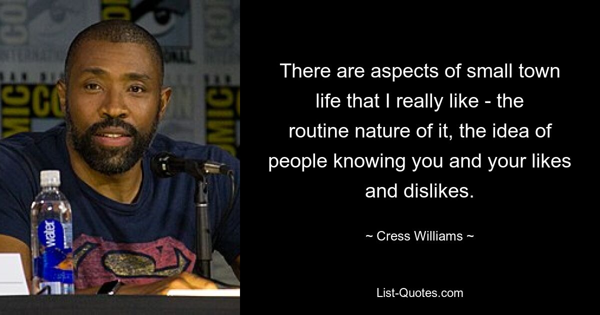 There are aspects of small town life that I really like - the routine nature of it, the idea of people knowing you and your likes and dislikes. — © Cress Williams