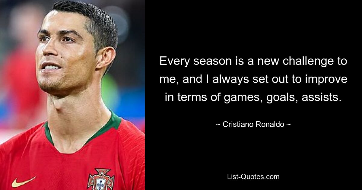 Every season is a new challenge to me, and I always set out to improve in terms of games, goals, assists. — © Cristiano Ronaldo