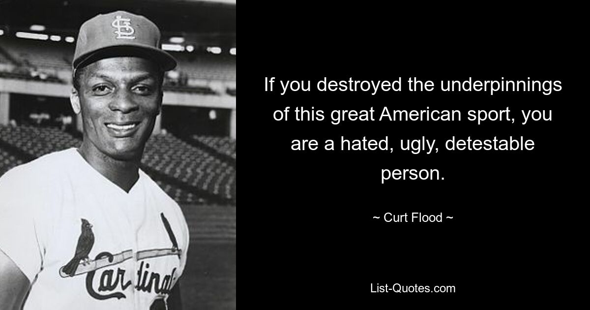 If you destroyed the underpinnings of this great American sport, you are a hated, ugly, detestable person. — © Curt Flood