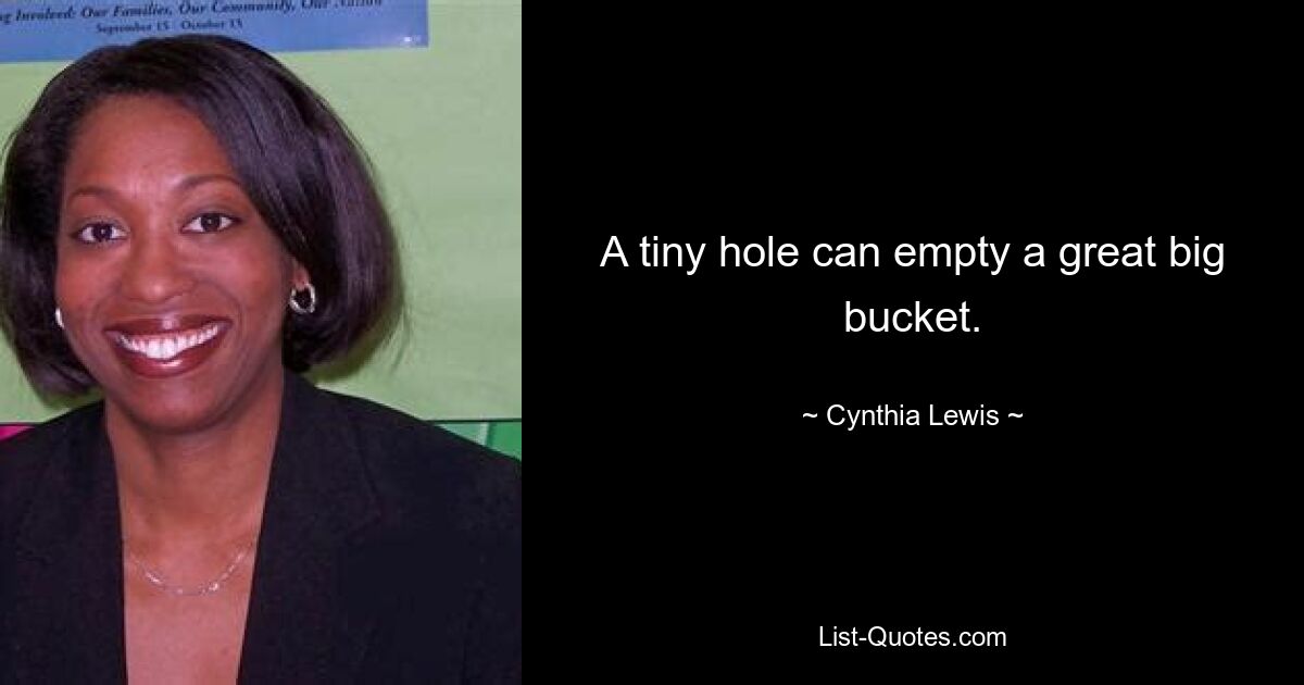 A tiny hole can empty a great big bucket. — © Cynthia Lewis