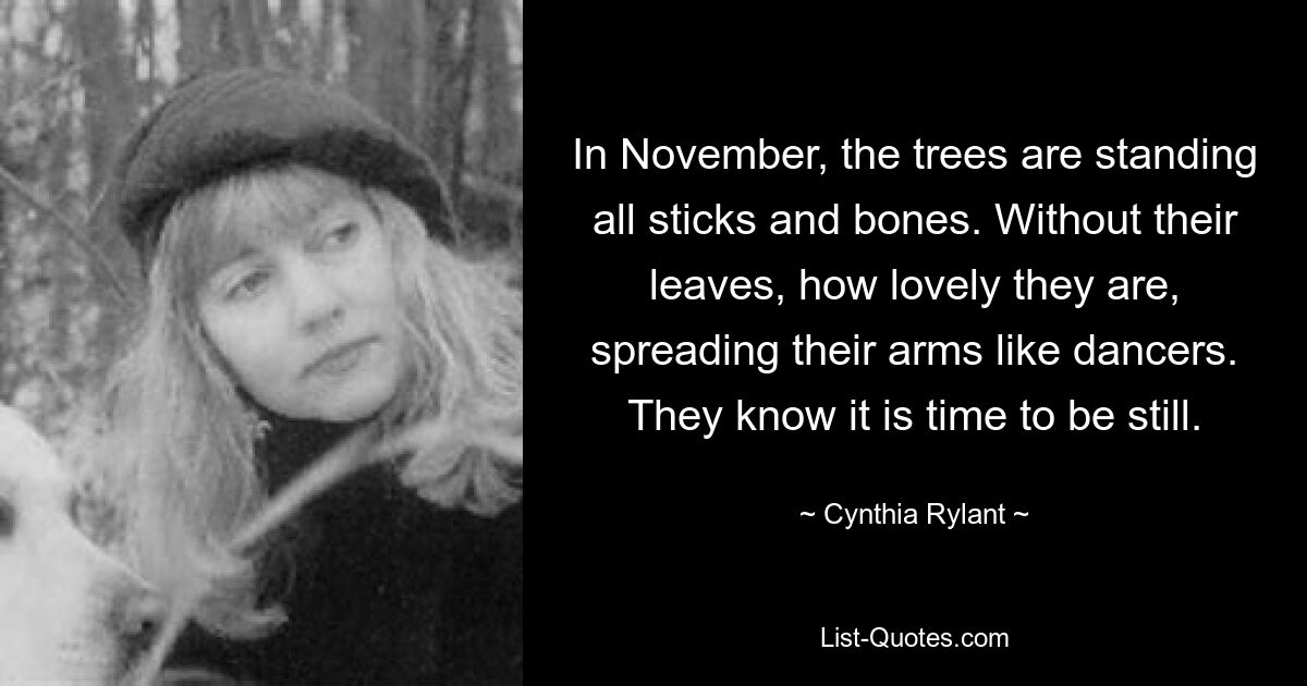 In November, the trees are standing all sticks and bones. Without their leaves, how lovely they are, spreading their arms like dancers. They know it is time to be still. — © Cynthia Rylant