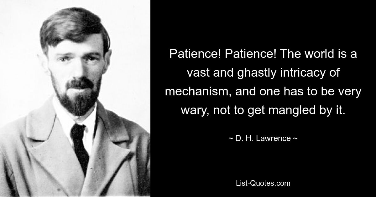 Patience! Patience! The world is a vast and ghastly intricacy of mechanism, and one has to be very wary, not to get mangled by it. — © D. H. Lawrence