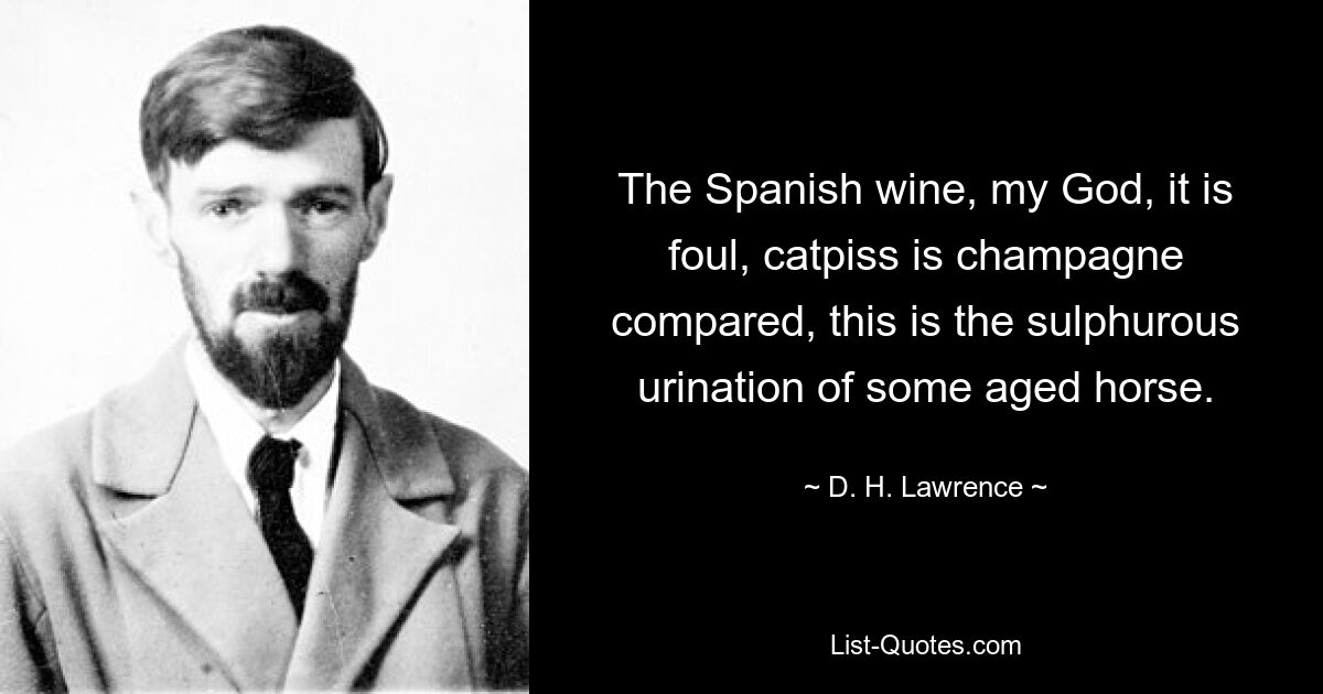 The Spanish wine, my God, it is foul, catpiss is champagne compared, this is the sulphurous urination of some aged horse. — © D. H. Lawrence