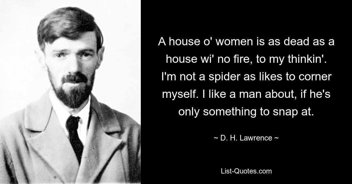 A house o' women is as dead as a house wi' no fire, to my thinkin'. I'm not a spider as likes to corner myself. I like a man about, if he's only something to snap at. — © D. H. Lawrence