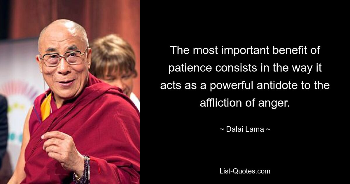 The most important benefit of patience consists in the way it acts as a powerful antidote to the affliction of anger. — © Dalai Lama