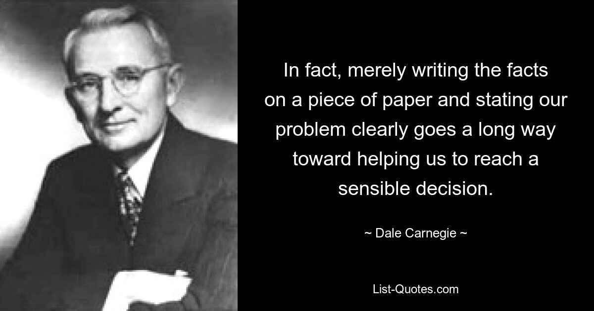 На самом деле, простое изложение фактов на листе бумаги и четкое изложение нашей проблемы во многом помогает нам прийти к разумному решению. — © Дейл Карнеги 