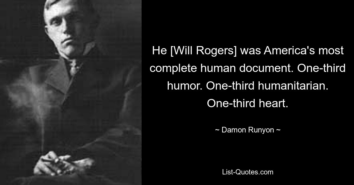 He [Will Rogers] was America's most complete human document. One-third humor. One-third humanitarian. One-third heart. — © Damon Runyon