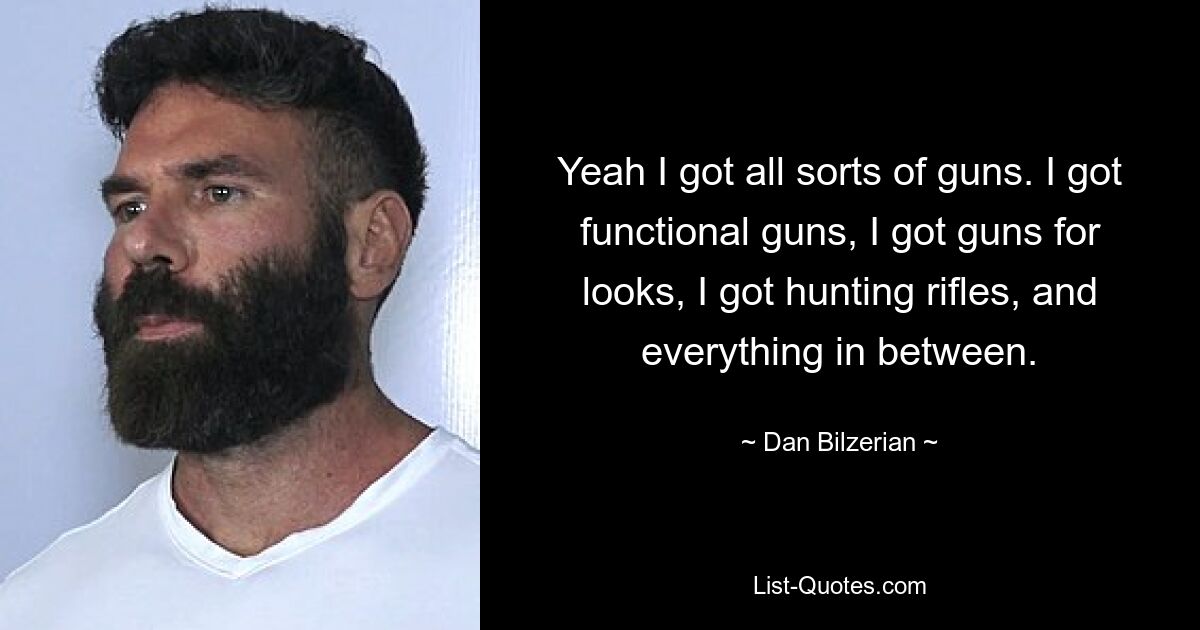 Yeah I got all sorts of guns. I got functional guns, I got guns for looks, I got hunting rifles, and everything in between. — © Dan Bilzerian