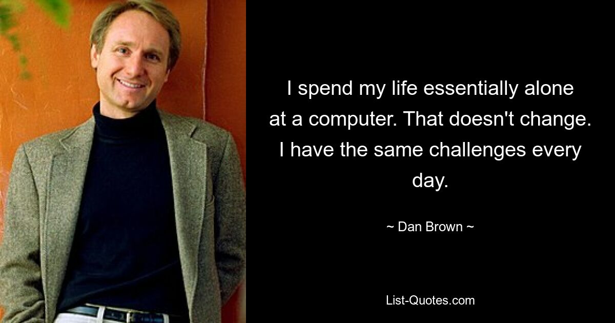 I spend my life essentially alone at a computer. That doesn't change. I have the same challenges every day. — © Dan Brown