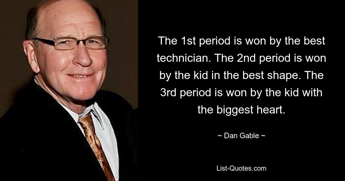 The 1st period is won by the best technician. The 2nd period is won by the kid in the best shape. The 3rd period is won by the kid with the biggest heart. — © Dan Gable