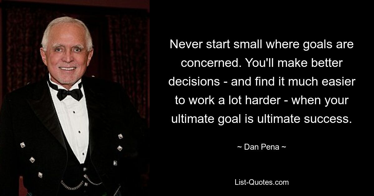 Never start small where goals are concerned. You'll make better decisions - and find it much easier to work a lot harder - when your ultimate goal is ultimate success. — © Dan Pena