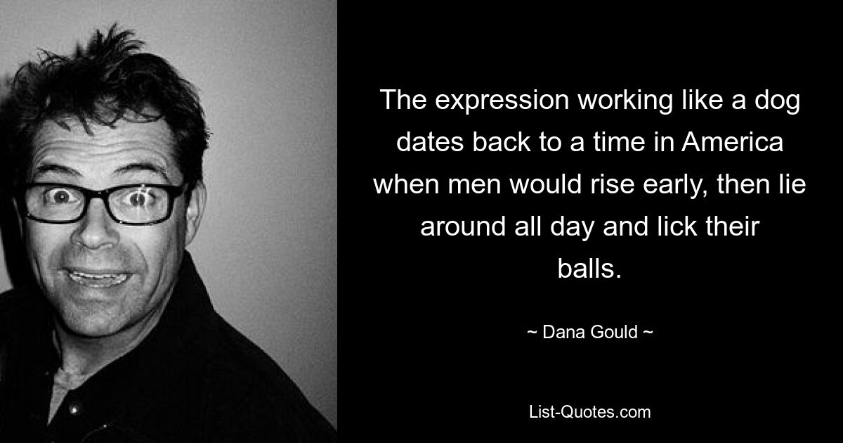 The expression working like a dog dates back to a time in America when men would rise early, then lie around all day and lick their balls. — © Dana Gould