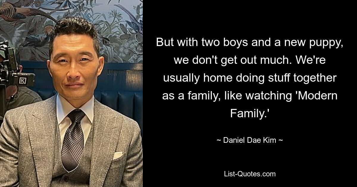 But with two boys and a new puppy, we don't get out much. We're usually home doing stuff together as a family, like watching 'Modern Family.' — © Daniel Dae Kim