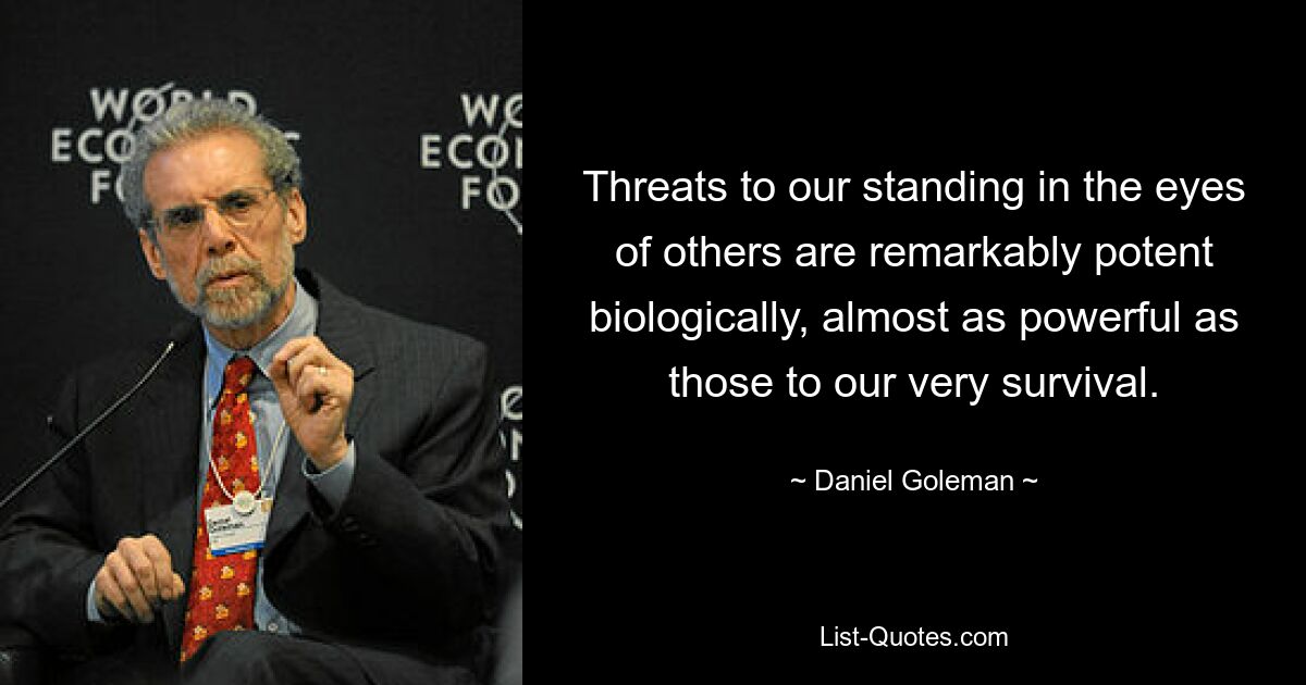 Threats to our standing in the eyes of others are remarkably potent biologically, almost as powerful as those to our very survival. — © Daniel Goleman