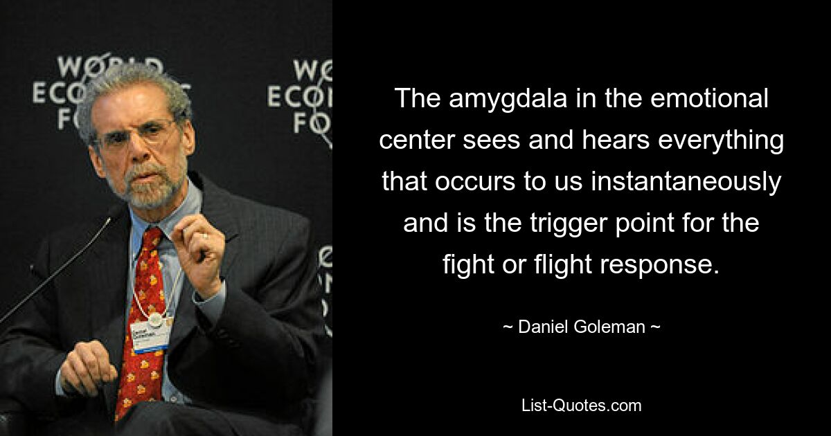 The amygdala in the emotional center sees and hears everything that occurs to us instantaneously and is the trigger point for the fight or flight response. — © Daniel Goleman