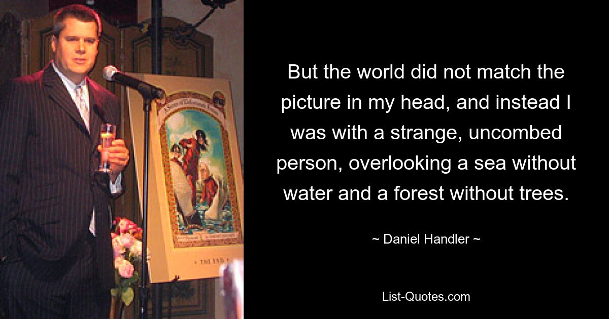 But the world did not match the picture in my head, and instead I was with a strange, uncombed person, overlooking a sea without water and a forest without trees. — © Daniel Handler