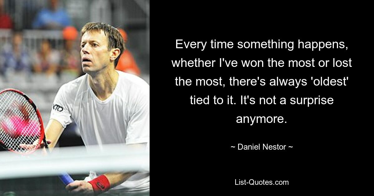 Every time something happens, whether I've won the most or lost the most, there's always 'oldest' tied to it. It's not a surprise anymore. — © Daniel Nestor