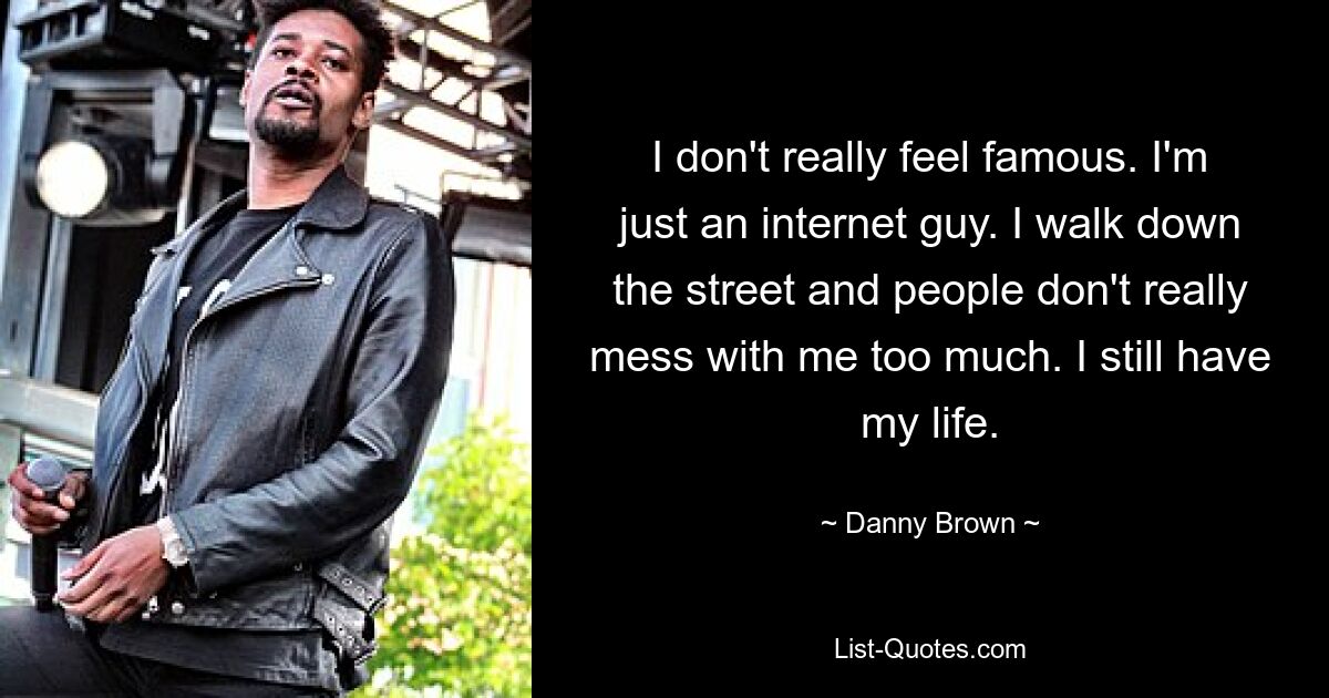 I don't really feel famous. I'm just an internet guy. I walk down the street and people don't really mess with me too much. I still have my life. — © Danny Brown