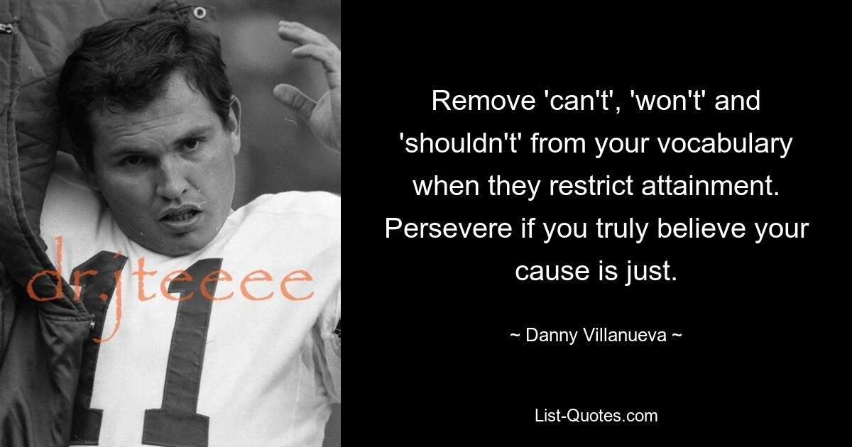 Remove 'can't', 'won't' and 'shouldn't' from your vocabulary when they restrict attainment. Persevere if you truly believe your cause is just. — © Danny Villanueva