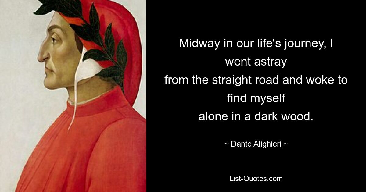 Midway in our life's journey, I went astray
from the straight road and woke to find myself
alone in a dark wood. — © Dante Alighieri