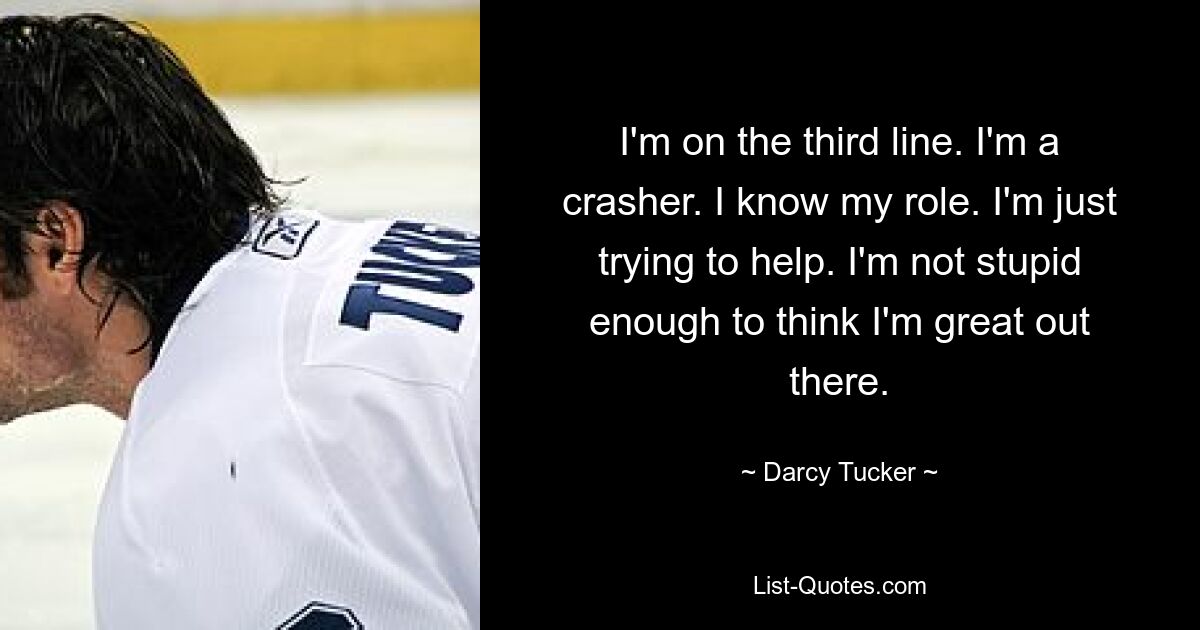 I'm on the third line. I'm a crasher. I know my role. I'm just trying to help. I'm not stupid enough to think I'm great out there. — © Darcy Tucker