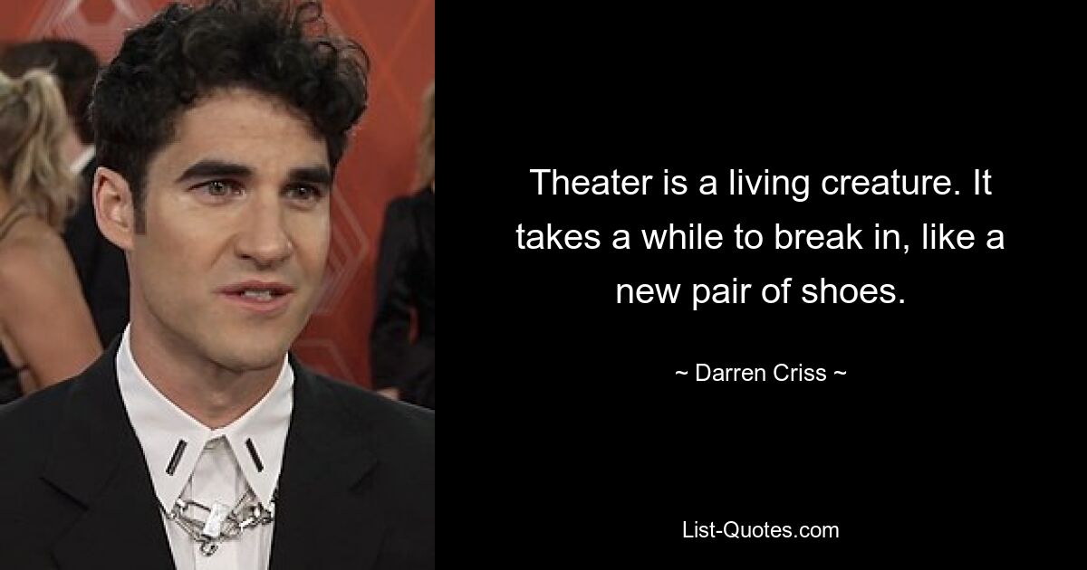 Theater is a living creature. It takes a while to break in, like a new pair of shoes. — © Darren Criss