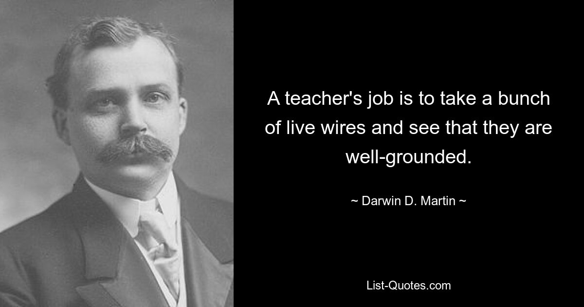 A teacher's job is to take a bunch of live wires and see that they are well-grounded. — © Darwin D. Martin