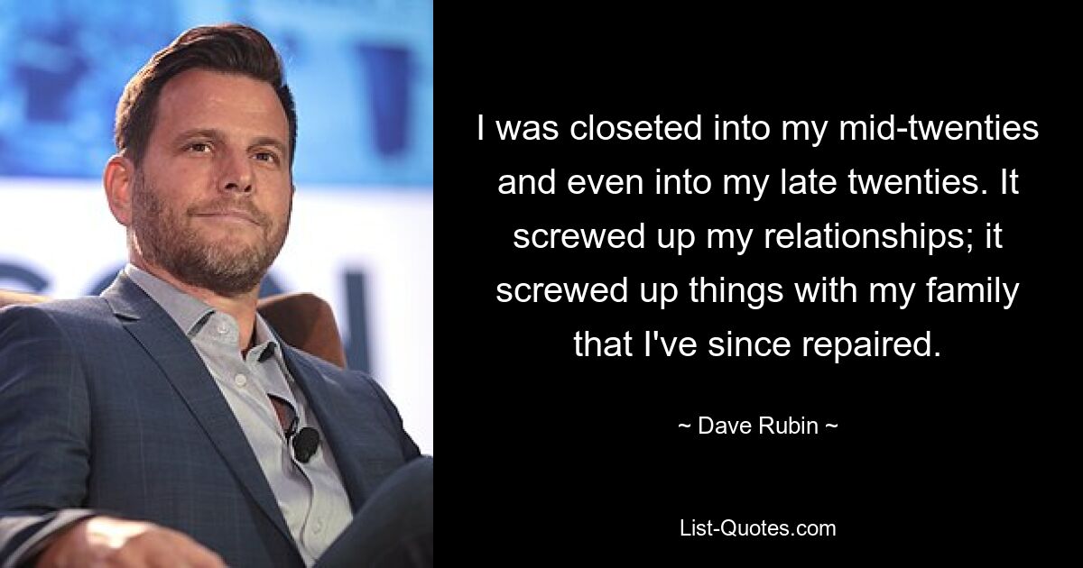 I was closeted into my mid-twenties and even into my late twenties. It screwed up my relationships; it screwed up things with my family that I've since repaired. — © Dave Rubin