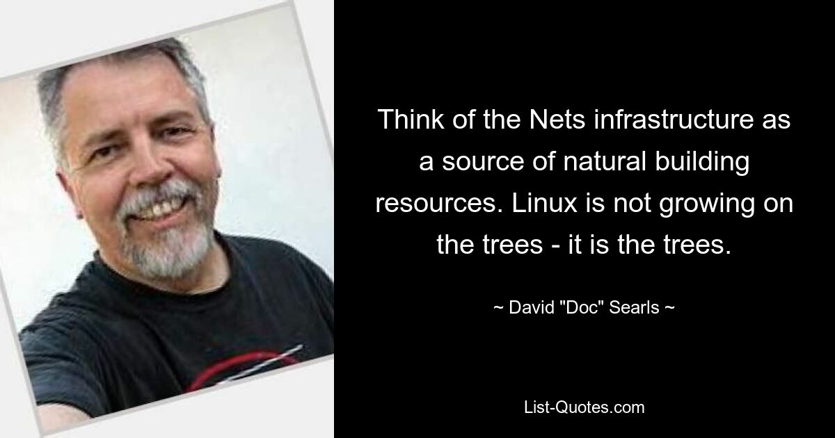 Think of the Nets infrastructure as a source of natural building resources. Linux is not growing on the trees - it is the trees. — © David "Doc" Searls