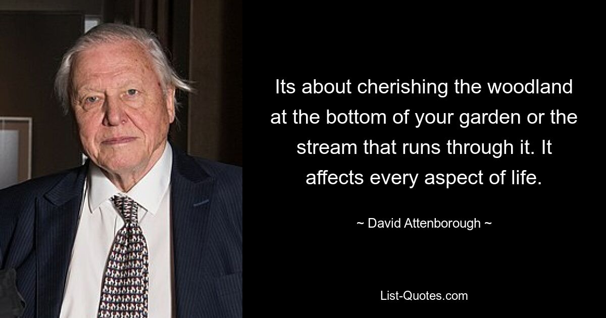 Its about cherishing the woodland at the bottom of your garden or the stream that runs through it. It affects every aspect of life. — © David Attenborough