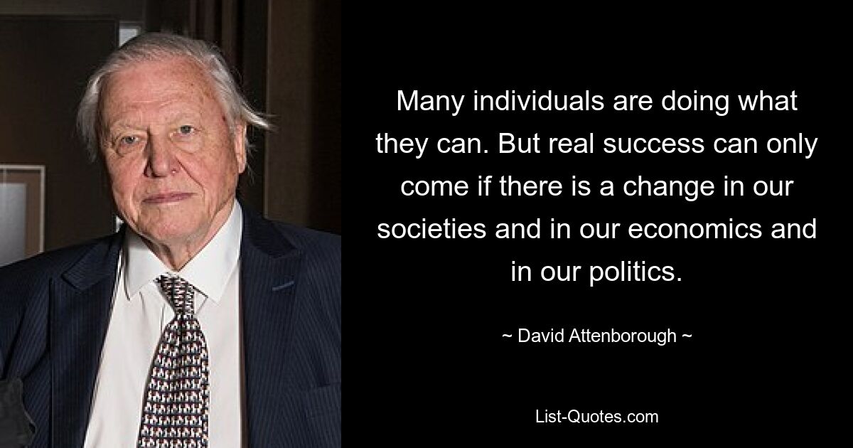 Many individuals are doing what they can. But real success can only come if there is a change in our societies and in our economics and in our politics. — © David Attenborough