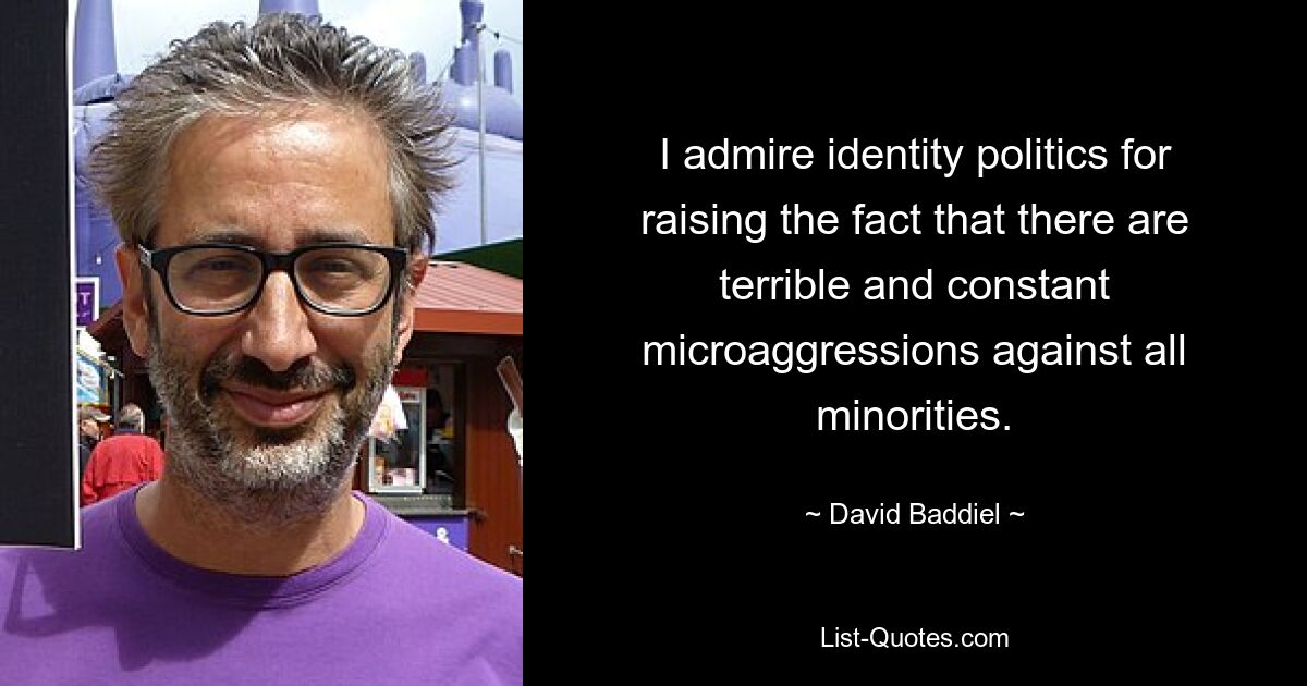 I admire identity politics for raising the fact that there are terrible and constant microaggressions against all minorities. — © David Baddiel