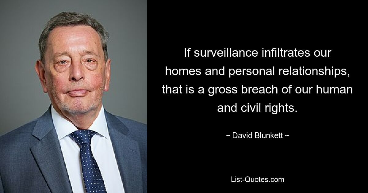 If surveillance infiltrates our homes and personal relationships, that is a gross breach of our human and civil rights. — © David Blunkett