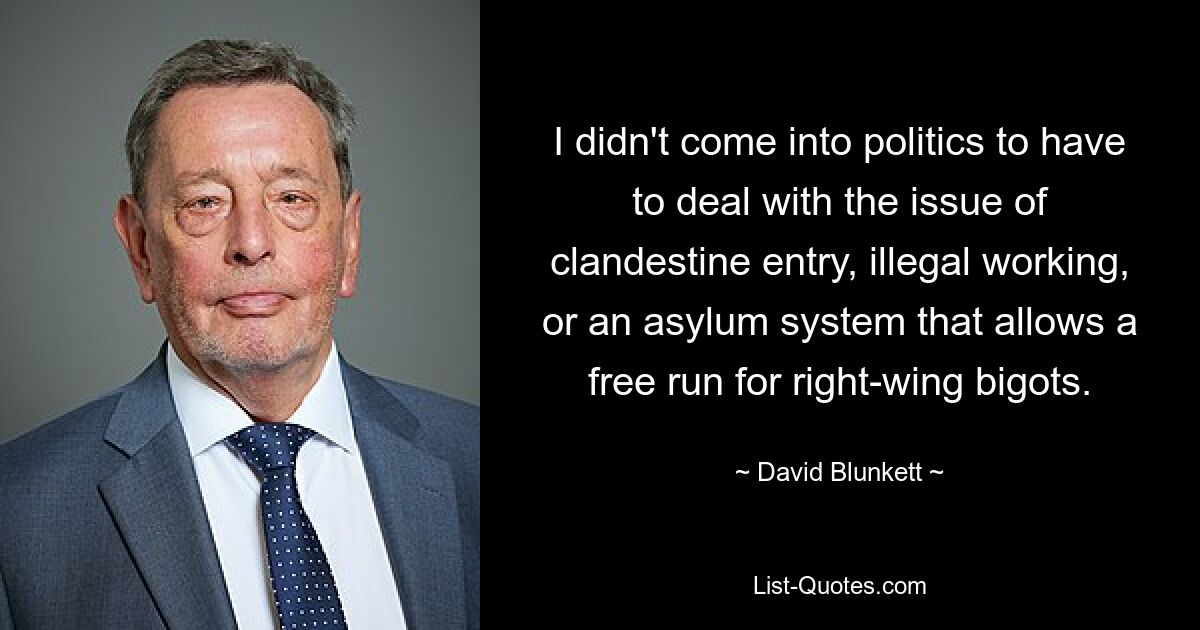 I didn't come into politics to have to deal with the issue of clandestine entry, illegal working, or an asylum system that allows a free run for right-wing bigots. — © David Blunkett