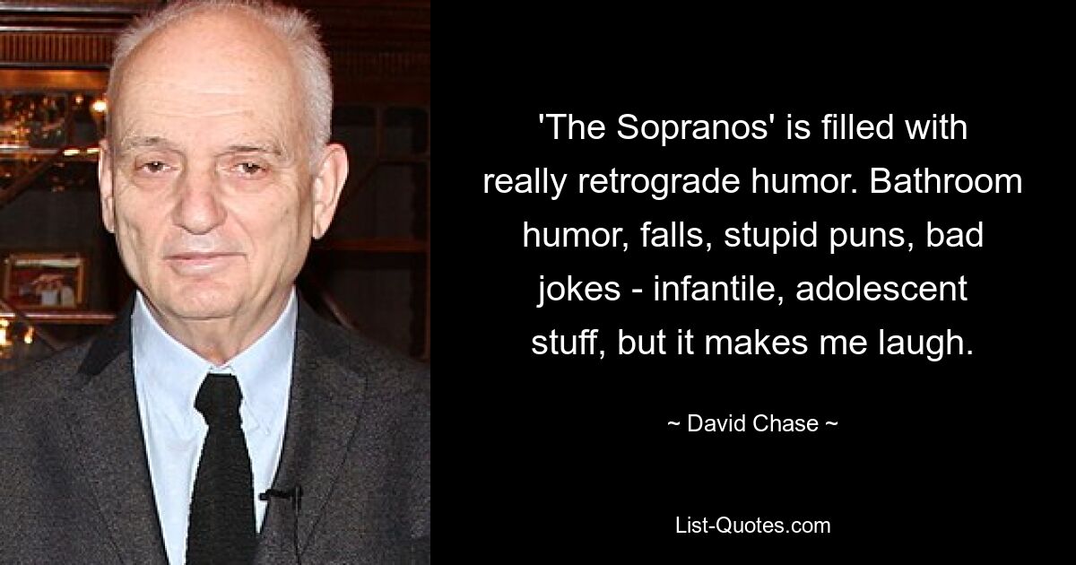 'The Sopranos' is filled with really retrograde humor. Bathroom humor, falls, stupid puns, bad jokes - infantile, adolescent stuff, but it makes me laugh. — © David Chase