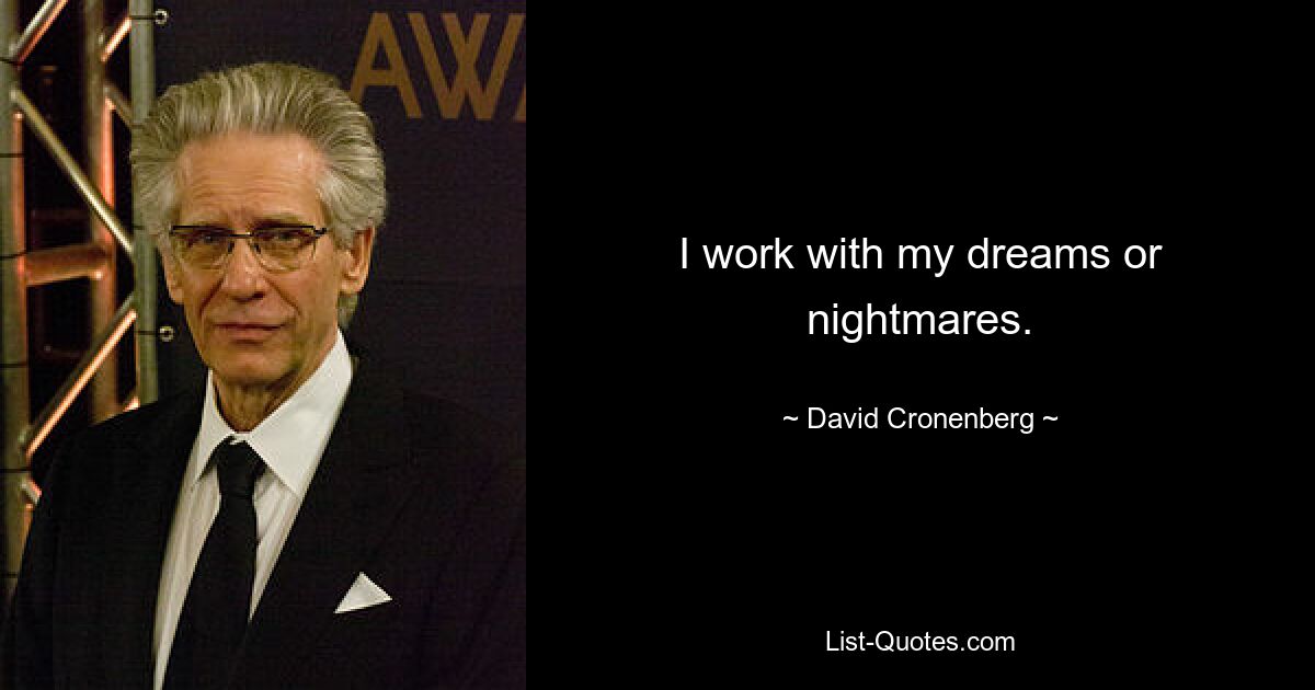 I work with my dreams or nightmares. — © David Cronenberg