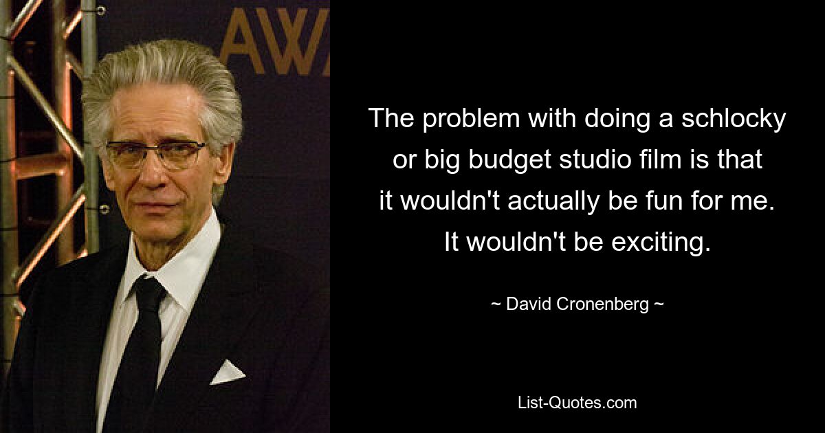 The problem with doing a schlocky or big budget studio film is that it wouldn't actually be fun for me. It wouldn't be exciting. — © David Cronenberg