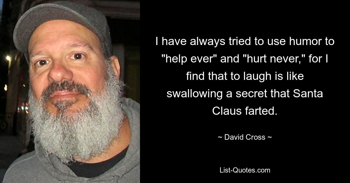 I have always tried to use humor to "help ever" and "hurt never," for I find that to laugh is like swallowing a secret that Santa Claus farted. — © David Cross