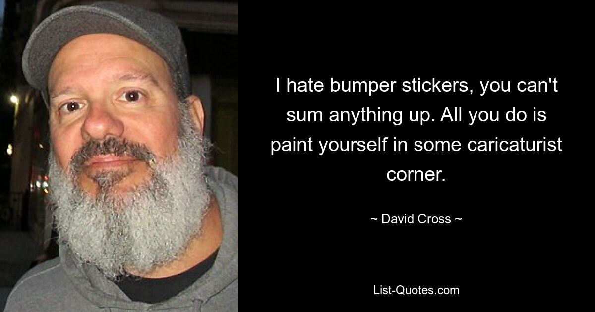 I hate bumper stickers, you can't sum anything up. All you do is paint yourself in some caricaturist corner. — © David Cross